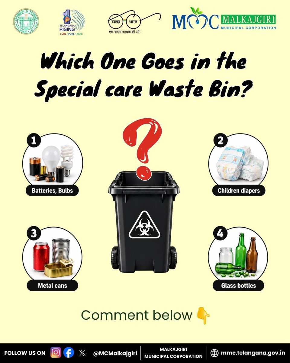 MCMalkajgiri's tweet photo. Can you identify the correct item that belongs in the Black bin for Special care waste? ♻️

1️⃣ Bulbs waste
2️⃣ Diapers
3️⃣ Metal cans
4️⃣ Glass bottles

💬 Comment your answer below!

Let’s make waste segregation a daily habit and keep our Malkajgiri Municipal Corporation clean. ♻️🌿

@SwachhBharatGov
