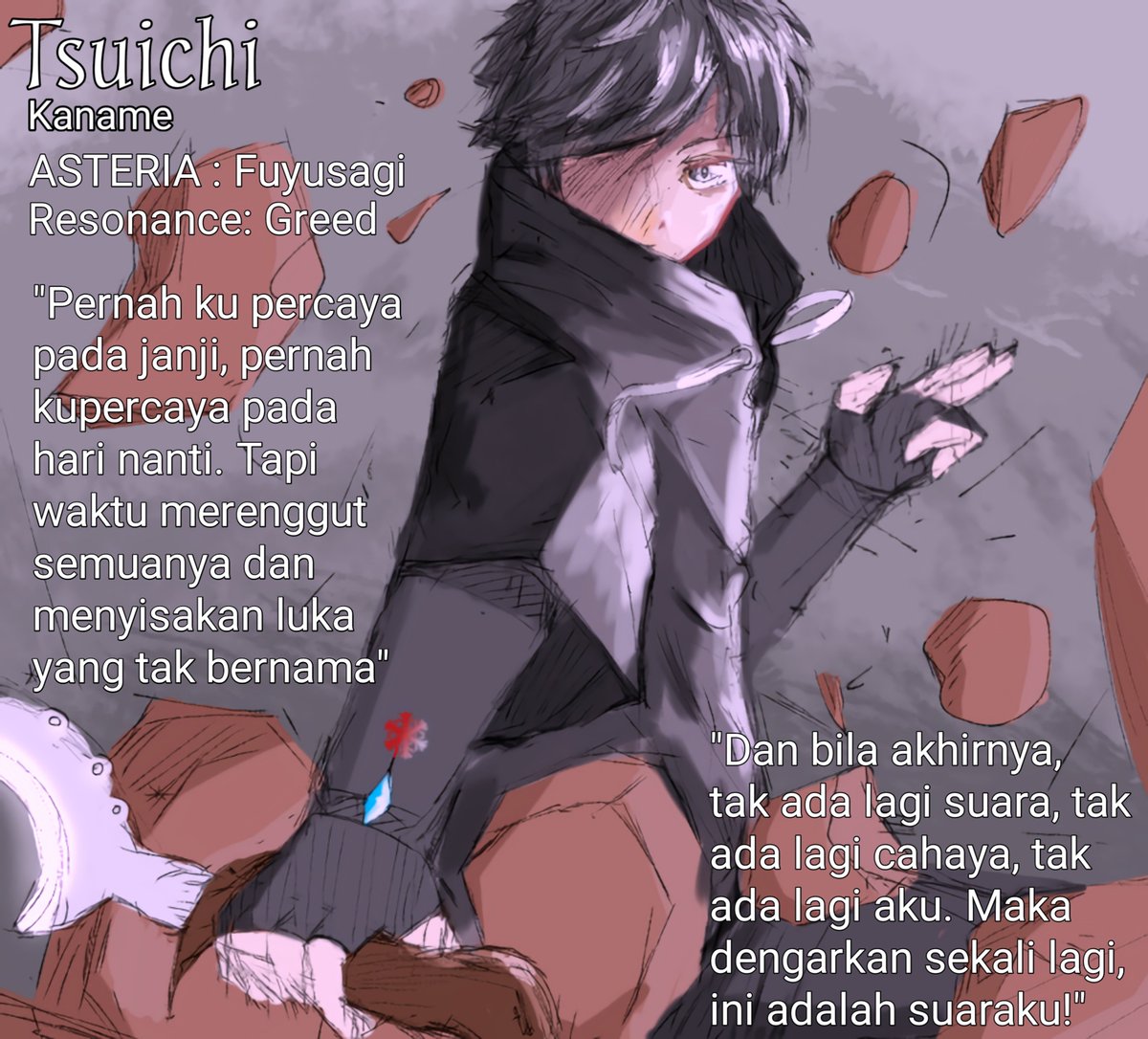 OkamiShiro30's tweet photo. Fanfiction character introduction 
"Ketika dunia membisu, nyanyian menjadi senjata, keheningan menjadi teror, kepercayaan menjadi rasa curiga." 
"Jika—jika embun salju jatuh di tangan, jangan biarkan menghilang.." 
#fanfiction
#fuyumillust
#fuyusagi
@FuyumiCelestia https://t.co/zWJMGMtZ9f
