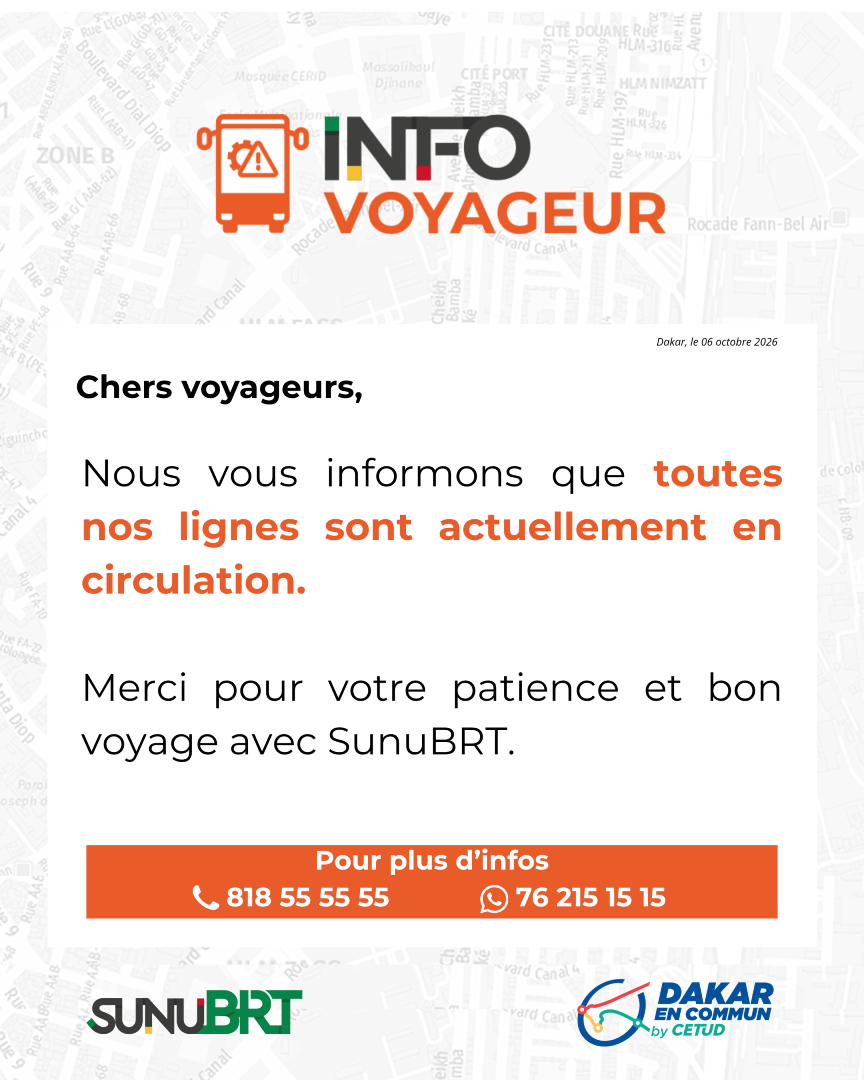 Sunubrtofficiel's tweet photo. INFO TRAFIC #SunuBRT https://t.co/OdDUtcmyvN