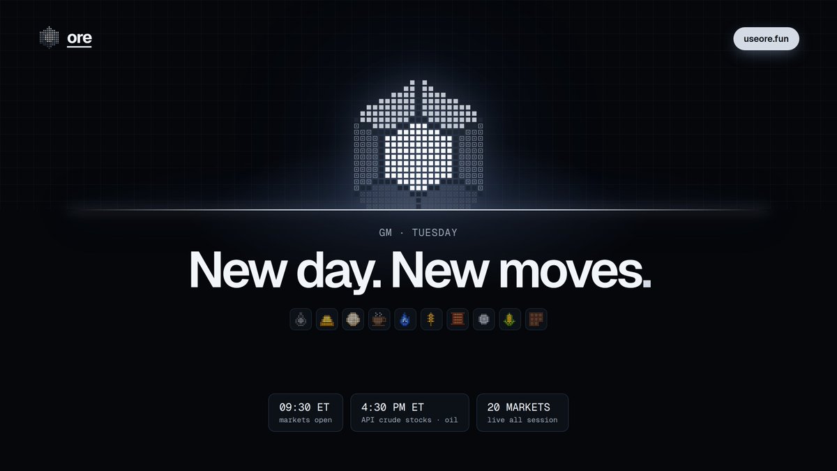 useorefun's tweet photo. new day. new moves.

markets open at 9:30 ET and every price on the board resets the story. what pumped yesterday might dump today, and what nobody watched might be the headline by lunch.

20 markets. one of them is your coin today.

what's moving? https://t.co/4ZKW48d38J https://t.co/Ow3Pypr6ao