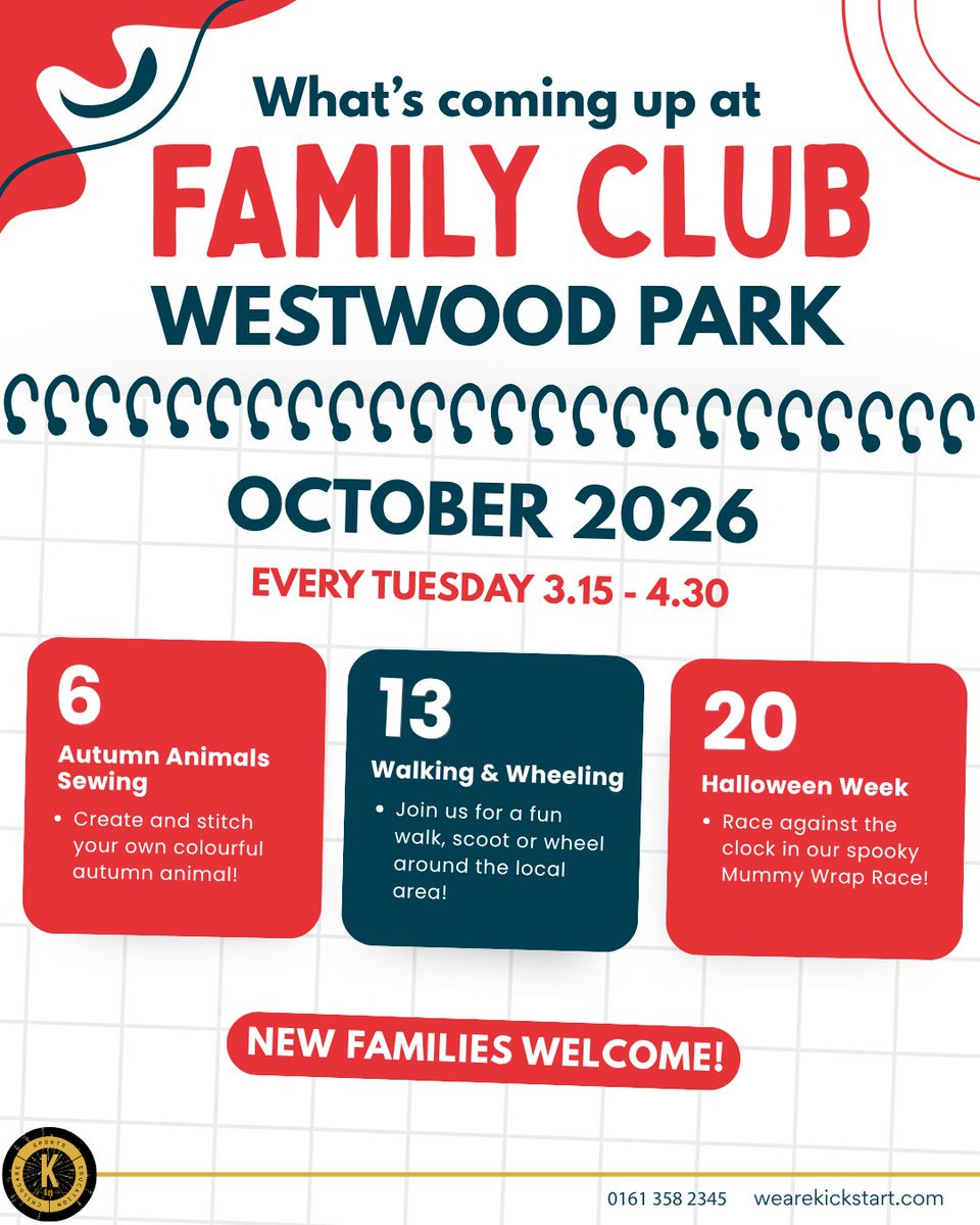 wearekickstart's tweet photo. ππ Hereβs whatβs coming up at Family Club this October at Westwood Park and Mesne Lea!
Lots of fun activities and special moments to enjoy together.
We canβt wait to see you! π¨β¨
#FamilyClub #Kickstart https://t.co/R5kx9pVkH5