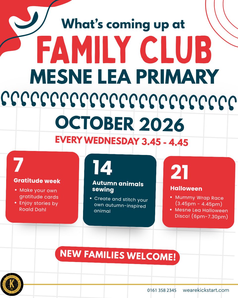 wearekickstart's tweet photo. ππ Hereβs whatβs coming up at Family Club this October at Westwood Park and Mesne Lea!
Lots of fun activities and special moments to enjoy together.
We canβt wait to see you! π¨β¨
#FamilyClub #Kickstart https://t.co/R5kx9pVkH5