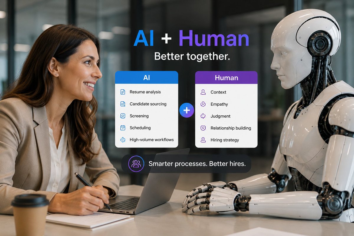 AppliView's tweet photo. AI vs humans is the wrong recruitment debate.

The real opportunity is AI + recruiters: less repetitive work for AI, more context, empathy &amp; strategy for people.

Build a hiring process where both do what they do best. Explore AppliView. #AIRecruitment #HRTech #FutureOfRecruiting https://t.co/s7NxK3Rwng