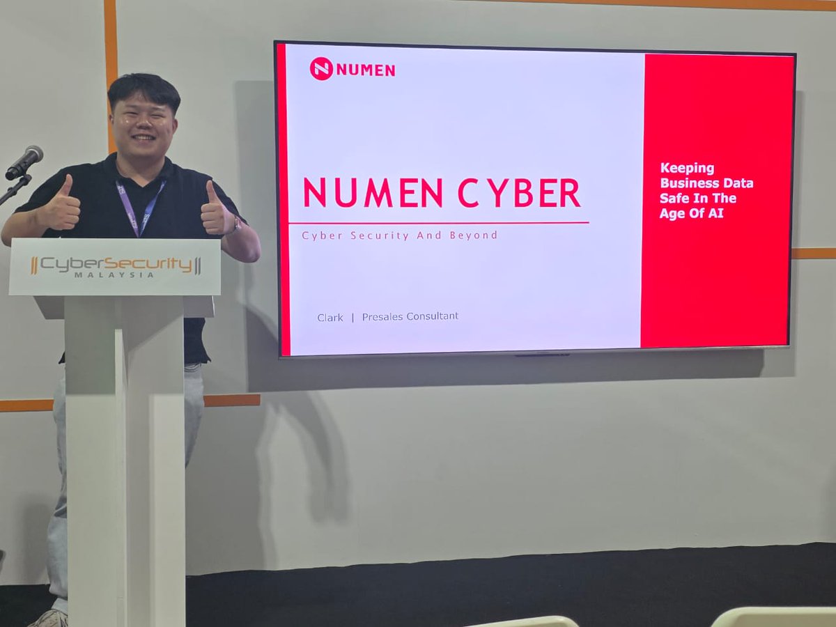 numencyber's tweet photo. Thank you to CyberSecurity Malaysia (CSM) for inviting us to speak at the CSM booth at CyberDSA 2026!

We enjoyed sharing “Keeping Business Data Safe in the Age of AI” and connecting with everyone who joined the session.
#CyberDSA https://t.co/6Kb9cCGin2