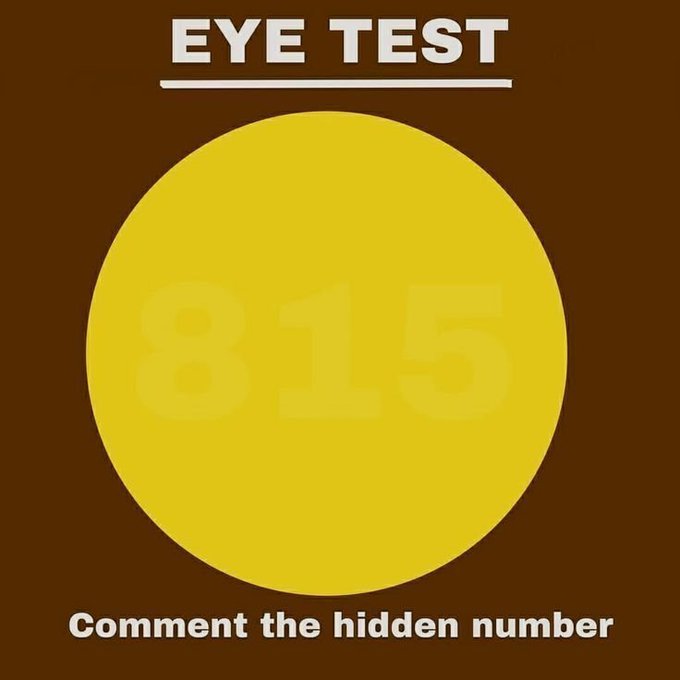 An 'EYE TEST' graphic with a yellow circle containing a faintly visible hidden number, with text 'Comment the hidden number' below.