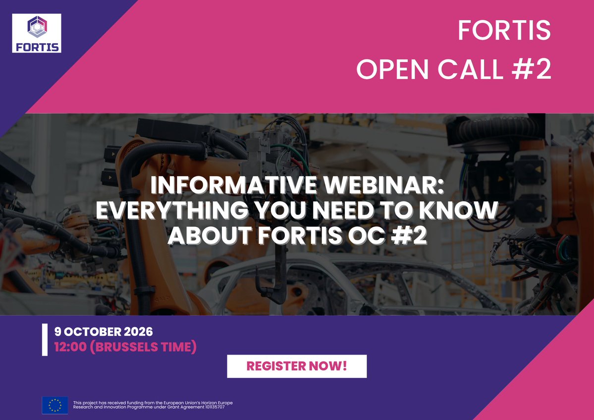 FORTISProjecteu's tweet photo. ✅The FORTIS project and its goals
✅Open Call #2 topics and technical details
✅How to apply
🌐 More infomation about Open Call 2: https://t.co/owvMwVGIhE
🔗 Register here: https://t.co/Euu3qpWpze
#HumanRobotInteraction #SmartManufacturing #OpenCall #Innovation https://t.co/SDP07ZJsUh