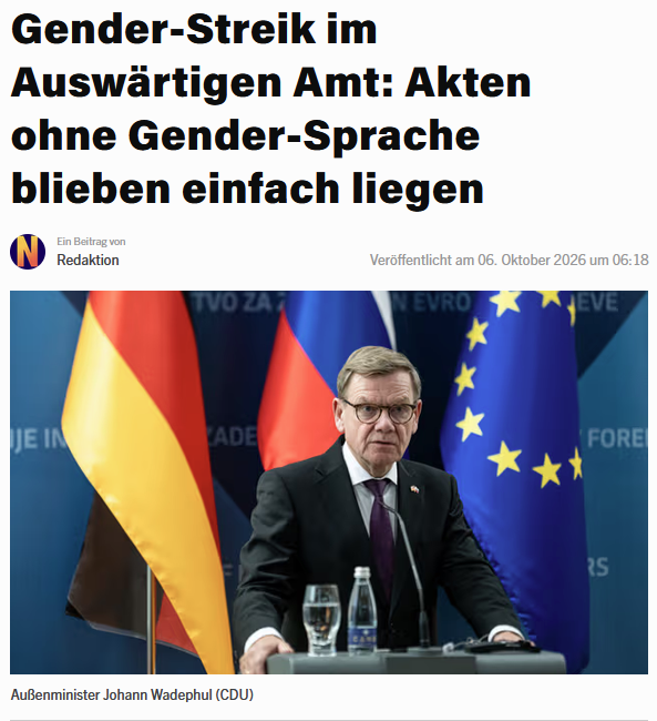 PeterBorbe's tweet photo. Wieso lässt man sowas durchgehen? Wenn diese Abteilungsleiterinnen im Auswärtigen Amt ihren Job verweigern, sobald nicht mehr gegendert wird, warum entfernt man sie nicht aus ihren Jobs? Unter Wegfall sämtlicher Übergangsgelder und Pensionsansprüche, versteht sich.
https://t.co/HRBVcfja3T