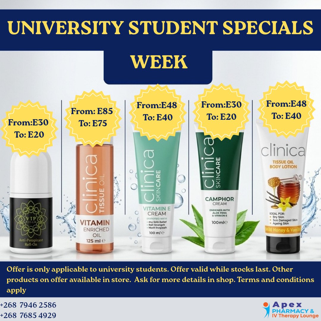 TheApexPharmacy's tweet photo. ✨ Student budget? We’ve got you covered! ✨
It’s University Student Specials Week at Apex Pharmacy! 🎓 Get your favorite Clinica skincare essentials starting from just E20!
📲 WhatsApp us at +268 7946 2586 #Eswatini #tinitwitter https://t.co/kaS7i3WmXE