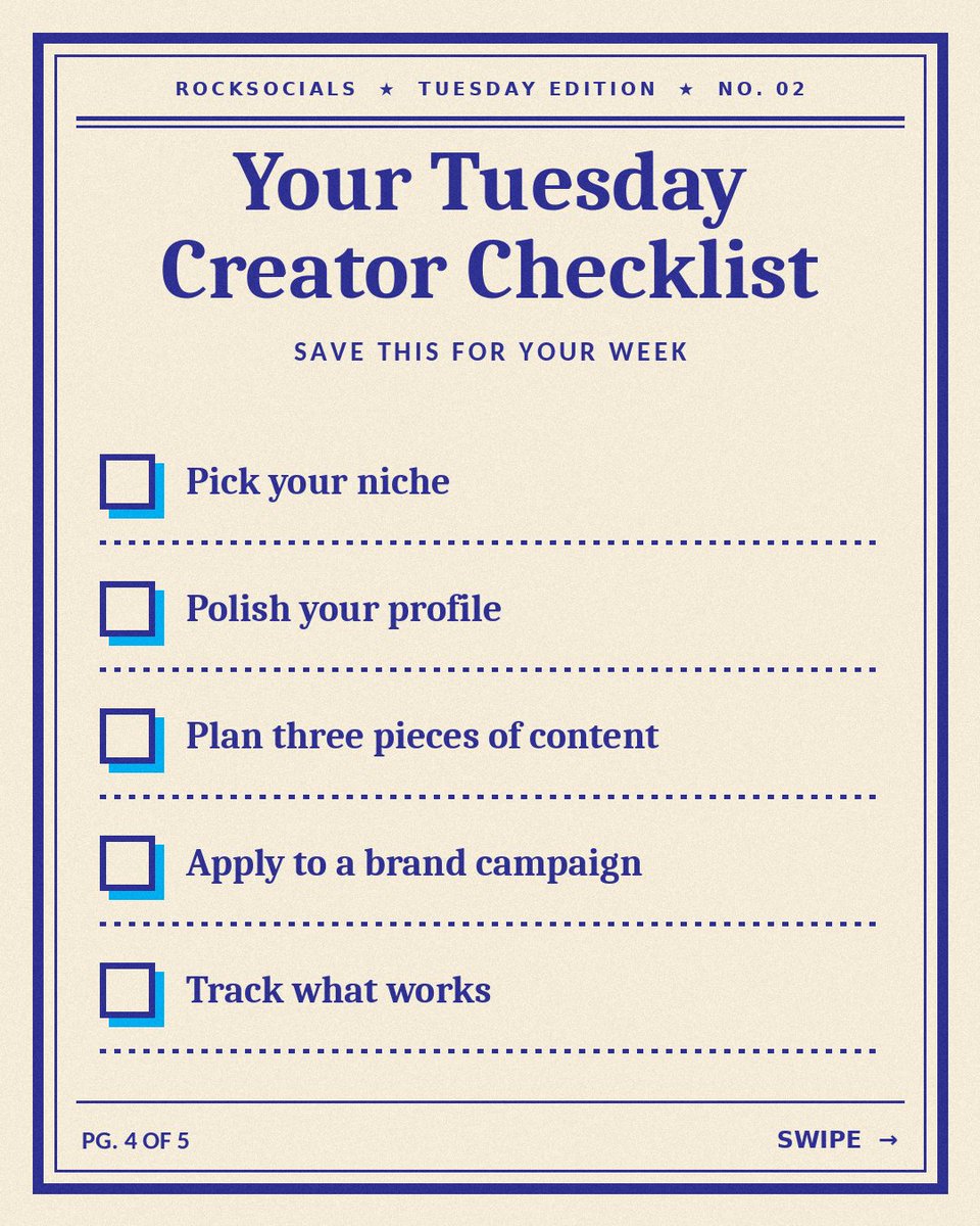 RockSocials's tweet photo. Your content has value, so get paid for it. 💙
RockSocials connects creators with brands that fit their niche, with secure payments and 24/7 support.
Swipe for your Tuesday creator checklist and save it for later. 
Join today: https://t.co/9VmL2G4Kzc
#RockSocials #CreatorEconomy https://t.co/OdGTHBek5K