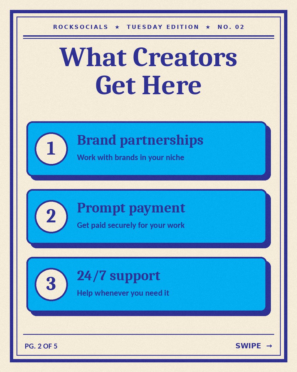 RockSocials's tweet photo. Your content has value, so get paid for it. 💙
RockSocials connects creators with brands that fit their niche, with secure payments and 24/7 support.
Swipe for your Tuesday creator checklist and save it for later. 
Join today: https://t.co/9VmL2G4Kzc
#RockSocials #CreatorEconomy https://t.co/OdGTHBek5K