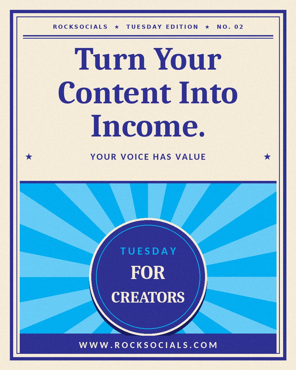 RockSocials's tweet photo. Your content has value, so get paid for it. 💙
RockSocials connects creators with brands that fit their niche, with secure payments and 24/7 support.
Swipe for your Tuesday creator checklist and save it for later. 
Join today: https://t.co/9VmL2G4Kzc
#RockSocials #CreatorEconomy https://t.co/OdGTHBek5K
