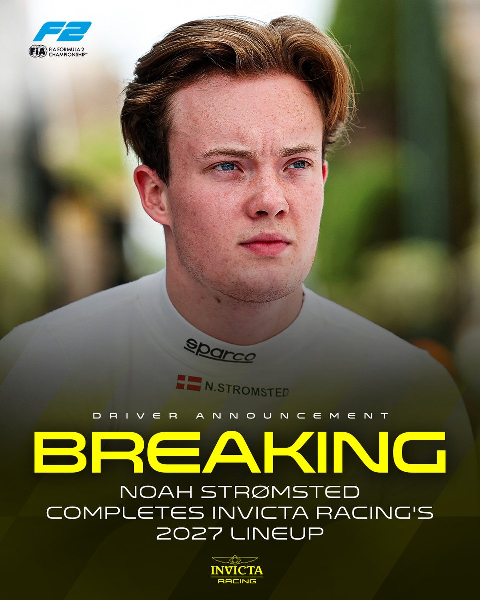 Formula2's tweet photo. BREAKING: Noah Strømsted steps up to F2 for 2027! ⬆️

The Danish driver will race alongside F3 team mate Freddie Slater next season, completing Invicta Racing’s all-rookie line-up ✅

More info ℹ️👉 https://t.co/euQEpWP6mp

#F2 #RoadToF1 https://t.co/2XJFbtdIls