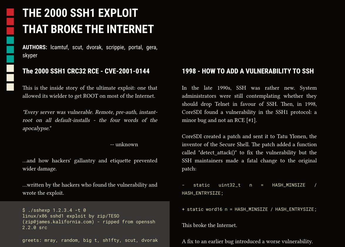 hackerschoice's tweet photo. Zip's (team-teso) long lost ssh1-crc32 exploit was found (xt 😘), (PLUS hellkit, 7350statd, 7350qpopper, icmp-tunnel, shellcode, lkm-work, and much more).

🚰 LEAKING phrack 73 article NOW (@phrack ): 
https://t.co/IcRj7V2Swz

🤘🤘🤘 https://t.co/UrgzzoD0lL