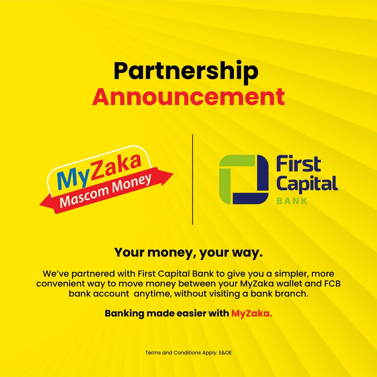 MascomWireless's tweet photo. We are pleased to partner with First Capital Bank to bring you a seamless and convenient way to move money between your bank account and MyZaka Mobile Wallet.

Transfer funds effortlessly from your First Capital Bank account to any MyZaka Mobile Wallet, or from your MyZaka Mobile Wallet to any First Capital Bank account.

Download the First Capital Bank App today and enjoy convenient, seamless transfers between First Capital Bank and MyZaka.

#MyZaka  #Number1BecauseOfYou