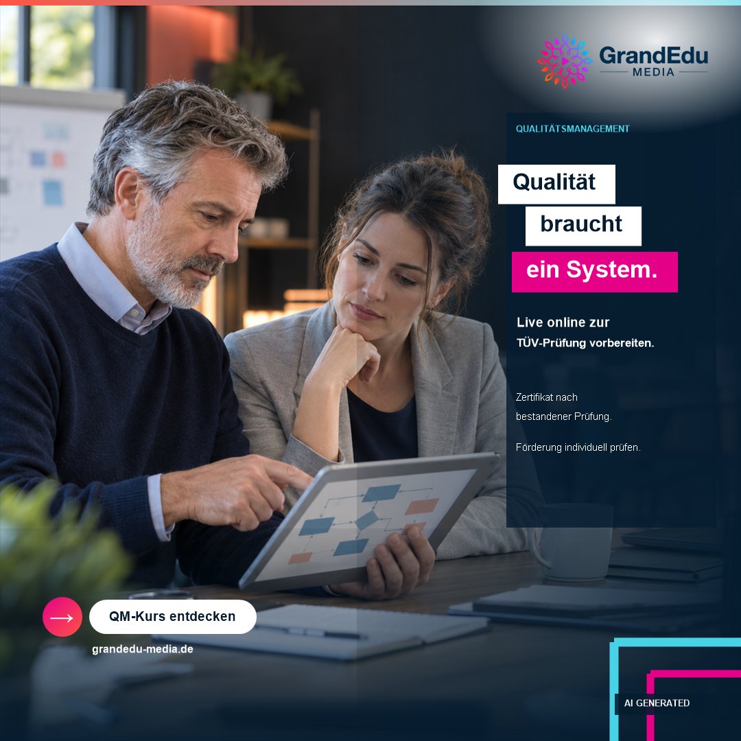 GrandEduMedia's tweet photo. Werbung: QM-Systeme aufbauen, Prozesse messen, Verbesserungen steuern: Qualitätsmanager inkl. TÜV-Zertifizierung, live online. Zertifikat nach bestandener externer Prüfung; Förderung individuell. https://t.co/5J3DqbzzxY #QM https://t.co/2508uesVLz