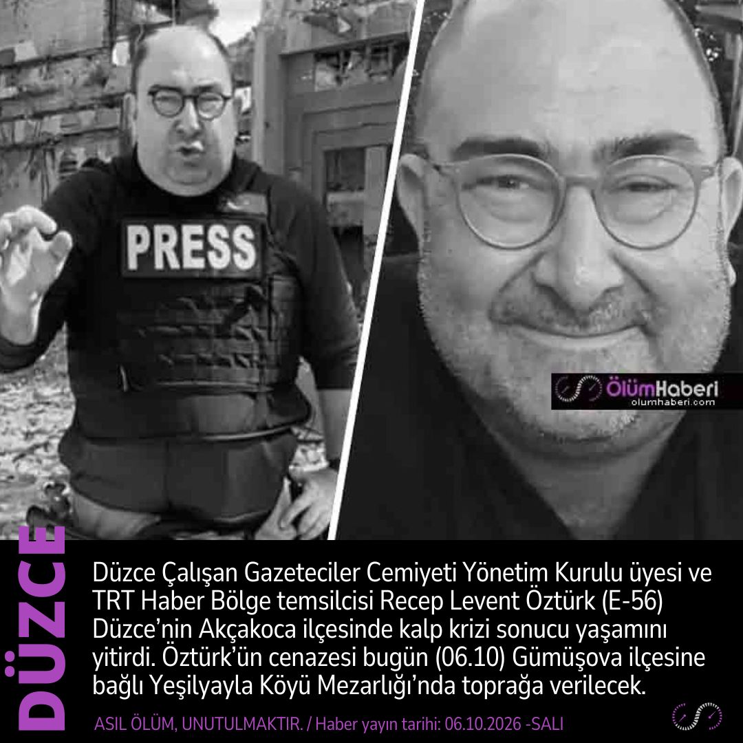 OlumHaberi's tweet photo. TRT bölge muhabiri Recep Levent Öztürk (E-56) Düzce Akçakoca’da, kalp krizi sonucu yaşamını yitirdi.
#TRT #muhabir #RecepLeventOzturk #Duzce #Akcakoca #kalpkrizi #vefat #cenaze
https://t.co/aNojIlzXaG https://t.co/8LsFTWjc3P