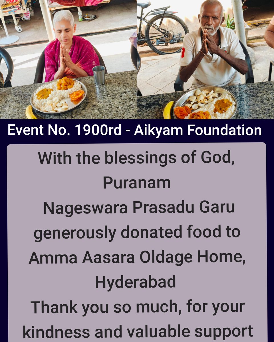 ursaikyam's tweet photo. Event No. 1900rd - Aikyam Foundation
With the blessings of God, Puranam Nageswara Prasadu Garu generously donated food to Amma Aasara Oldage Home, Hyd
Thank you
#ursaikyamfoundation #ngo #kirankantipudi #fooddonation #oldagehome #trending #explore #humanity #pitrupaksha https://t.co/dUs8Vh0Btp