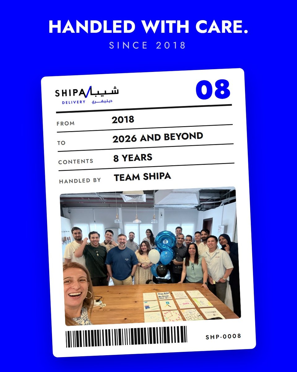 ShipaWorld's tweet photo. 8 years of delivering moments that matter. 
Here’s to the team that handles it all with care! 💙📦

#ShipaDelivery #TeamShipa #8Years https://t.co/oo9t8hpF2x