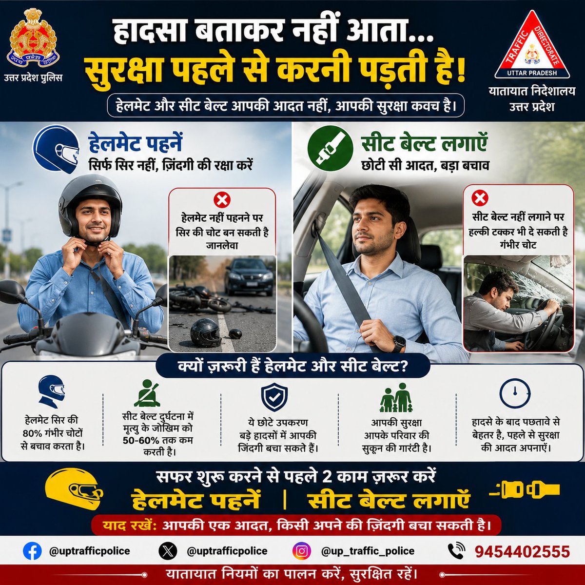 uptrafficpolice's tweet photo. 🪖🚗 हेलमेट हो या सीट बेल्ट—सुरक्षा में कोई समझौता नहीं।

दो पहिया हो या चार पहिया, सफर शुरू करने से पहले अपनी सुरक्षा पक्की करें।

हेलमेट पहनें, सीट बेल्ट लगाएँ और सुरक्षित घर पहुँचें। ❤️ https://t.co/sqqpT33QTh