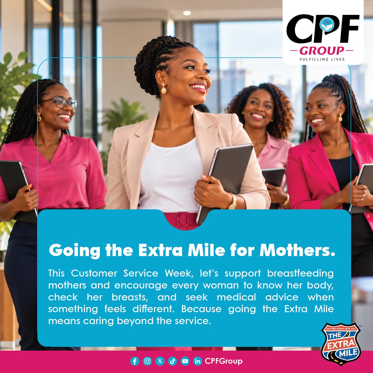 CPF_Group's tweet photo. 🎀 Going the Extra Mile for Mothers.
This Customer Service Week, let’s support breastfeeding mothers and encourage every woman to know her body, check her breasts, and seek medical advice when something feels different.
#CustomerServiceWeek2026 #ExtraMile #BreastCancerAwareness https://t.co/U6tbwdoNsT