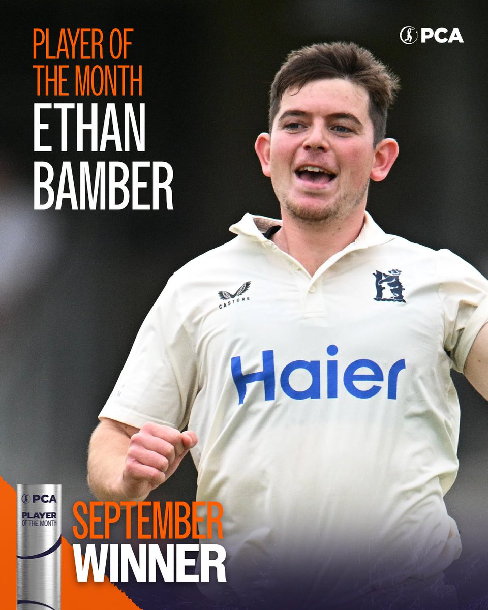 PCA's tweet photo. Between them, they took 41 wickets in nine matches at an average of 9.88 🤯

In recognition of their superb feats with the ball, Ethan Bamber &amp; Amanda-Jade Wellington have been voted as September's PCA Players of the Month 🏆

🔗 https://t.co/rb75Hlr7RE https://t.co/7XW9JX2z29