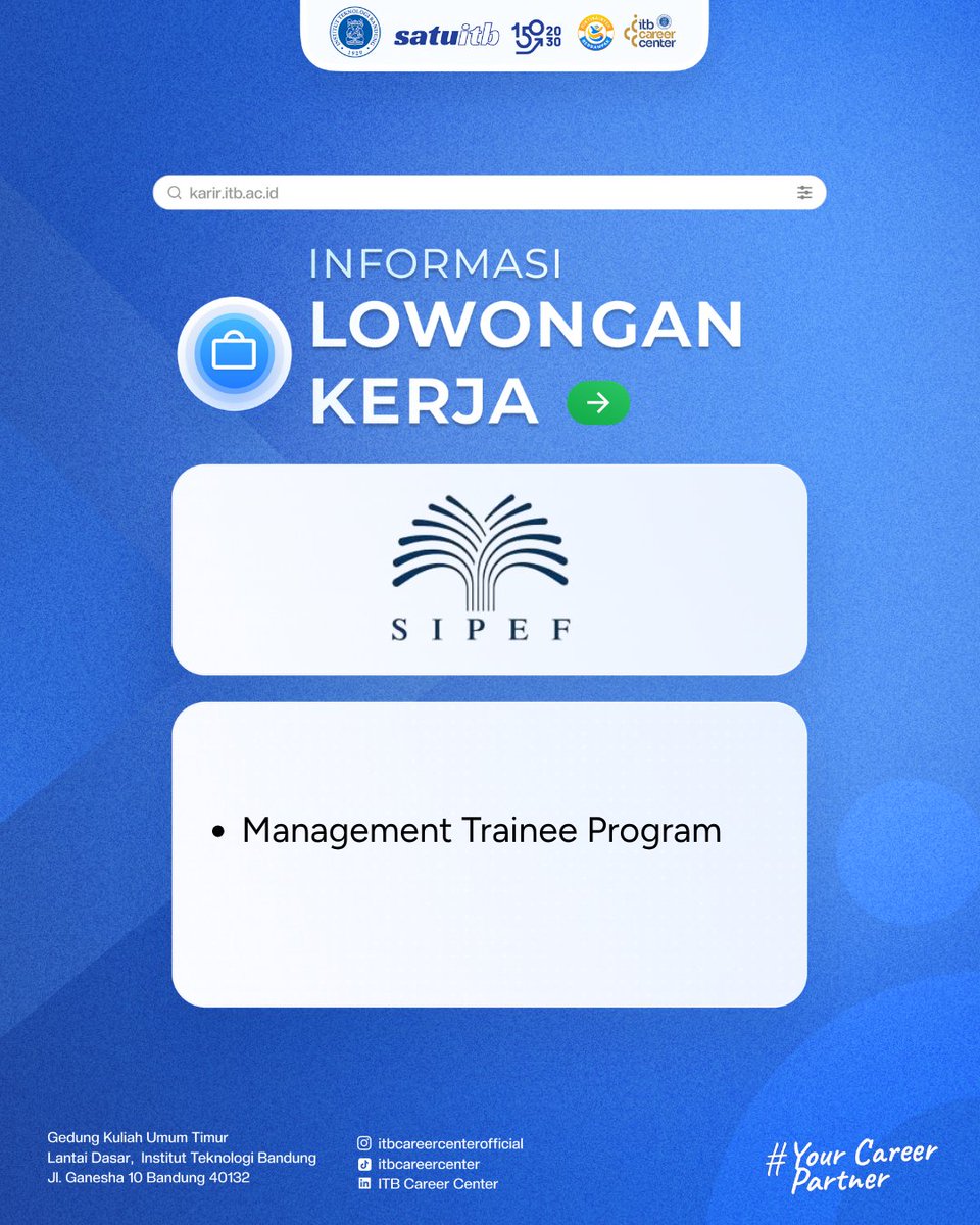 ITBCareerCenter's tweet photo. [LOWONGAN KERJA]

🚀 Saatnya melangkah lebih jauh dalam kariermu!

Kabar baik nih —
PT Tolan Tiga Indonesia lagi buka lowongan untuk posisi
🎯Management Trainee Program

✨ Cek detail lengkap dan posisi lainnya hanya di
👉 https://t.co/Po2EO7TD5e
✨ Lamar sebelum 23 Oktober 2026 https://t.co/igXbJCVtK2