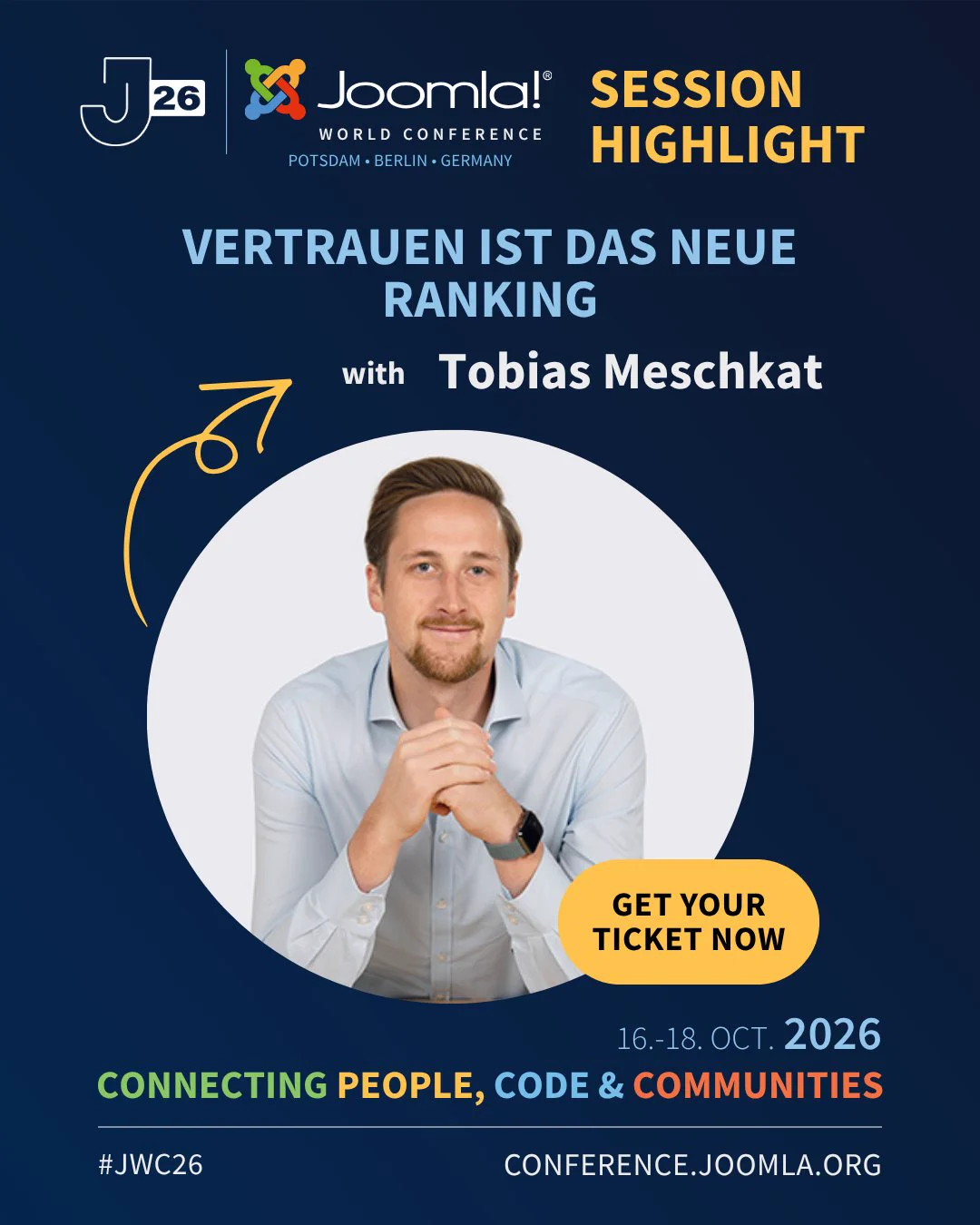 Tobias Meschkat promoting his Session "Vertrauen ist das neue Ranking" at the JWC