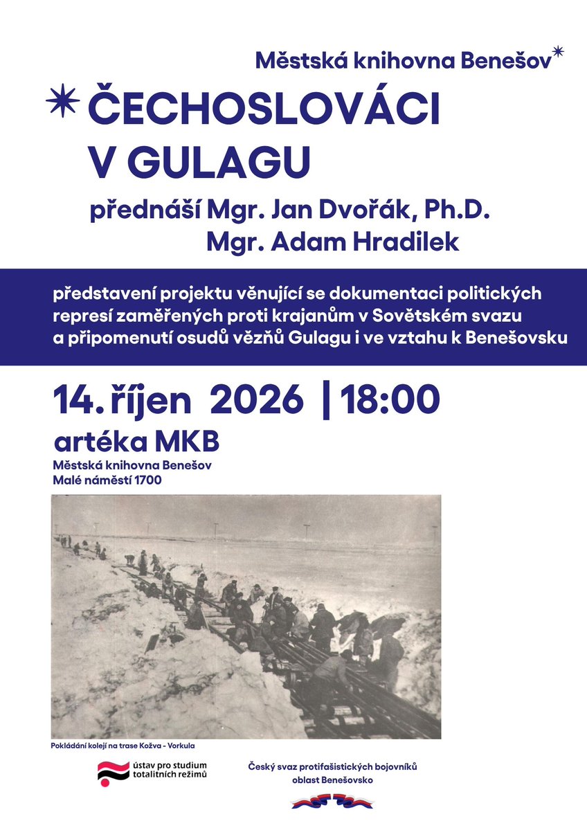 cechoslovacivg's tweet photo. Zveme vás na přednášku a představení projektu Čechoslováci v Gulagu v Benešově!

📅 Kdy: 14.října od 18:00
📍 Kde: artéka MKB (Městská knihovna Benešov, Malé náměstí 1700)

Akci pořádá Městská knihovna Benešov ve spolupráci s @ustr_cr  a Českým svazem protifašistických bojovníků. https://t.co/DYfZkCpePe