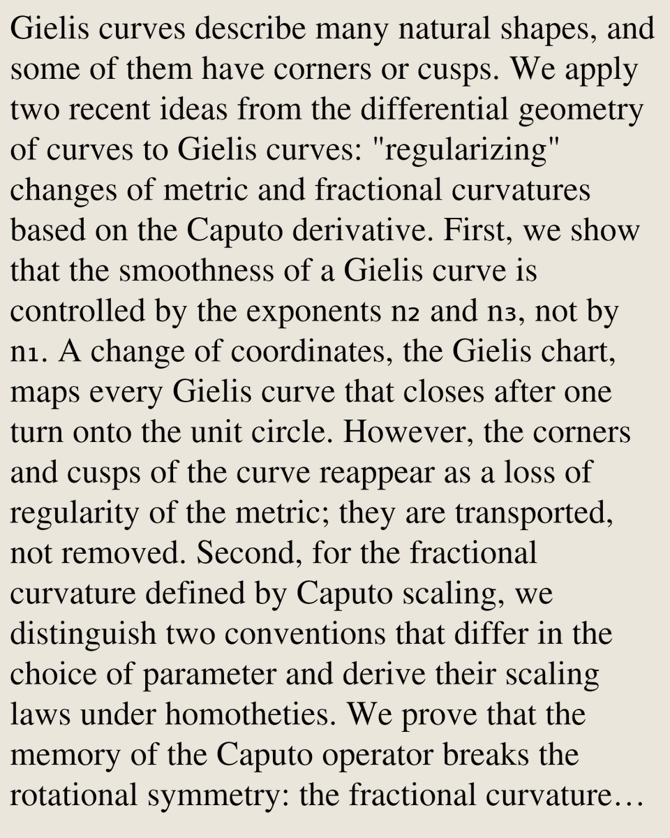 MathPaper's tweet photo. Fractional-order differential geometry of Gielis curves: chart regularization, Caputo curvature, and the fate of singularities

Umut Selvi, Derya Sağlam
https://t.co/xPKuj8Pk21 [𝚖𝚊𝚝𝚑.𝙶𝙼] https://t.co/6ChL3v5zmu
