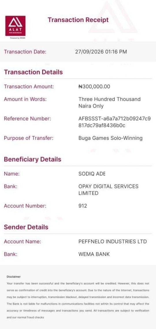 buga4gamez's tweet photo. Payout confirmed! Another Buga Games winner has been credited with
₦300,000. He only played with ₦1,000. See the payment receipt below. 

Play and win here: https://t.co/Hb4UPqYcEQ too https://t.co/XUCBU4lM37
