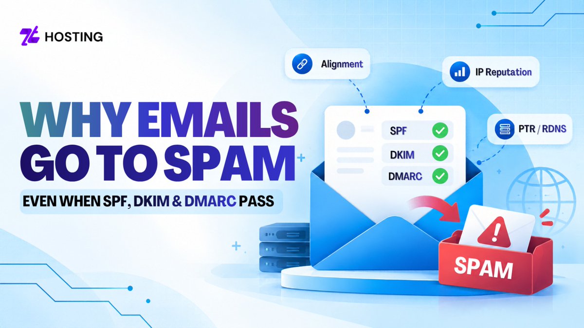 zthosting's tweet photo. SPF, DKIM & DMARC passing—but emails still going to spam?
Authentication proves who sent the email. Deliverability depends on IP/domain reputation, DNS alignment, TLS, sending patterns & message quality.
#EmailDeliverability #EmailHosting #ZTHosting https://t.co/tXZ91sUIlD
