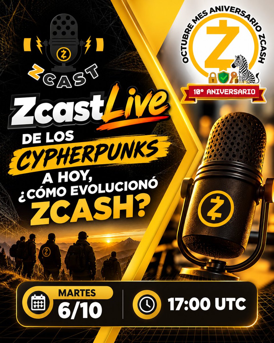 ZcastEsp's tweet photo. 🎉 ¡Arrancamos el mes aniversario de #Zcash!   

Hoy en #ZcastLive analizamos: De los Cypherpunks a hoy, ¿cómo evolucionó Zcash? 🛡️

⚡ Repasamos 10 años de historia, criptografía y soberanía digital.   

📅 Hoy Martes 6/10
🕔 17:00 UTC
👇 ¡Súmate al en vivo!   https://t.co/4hKNGSUJAQ