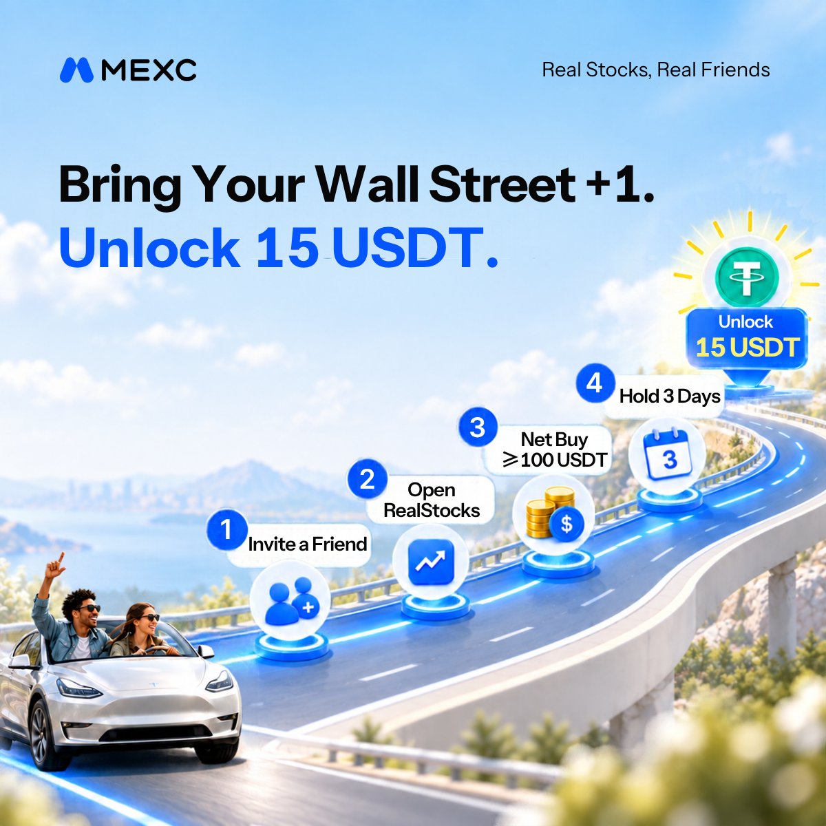 MEXC's tweet photo. Real Stocks are better with real friends. 👀

Bring your Wall Street +1 along. Complete the referral journey and unlock 15 USDT. 👇
https://t.co/vbeiTk1SBa

#MEXCTradFi #MEXC0FEE https://t.co/a0gWpm0KVo