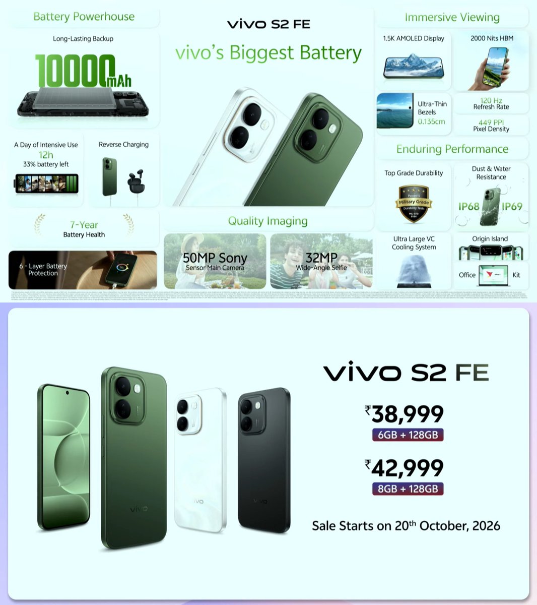 TechHome100's tweet photo. Vivo S2 FE launched in India 🇮🇳

🔹 6.83" BOE Q10+ 1.5K 120Hz LTPS OLED Flat Display, 2000nits HBM, 1.35mm Bezels
🔹 MediaTek Dimensity 7300e  
🔹 LPDDR4X + UFS 3.1
🔹 50MP Sony IMX852 (1/2.93") + 2MP 🤮 
🔹 32MP GC32E1 Front (1/3.1")
🔹 10000mAh🔋+ 44W⚡
🔹 Android 16 & OriginOS 6
🔹 IP69/IP68, Bypass Charging, Optical Fingerprint, USB 2.0 
🔹 Wi-Fi 6, Bluetooth 5.4 
🔹 8.59mm 
🔹 224g

Price 💰 38999₹ ~ 6+128GB
#vivo #vivoS2FE