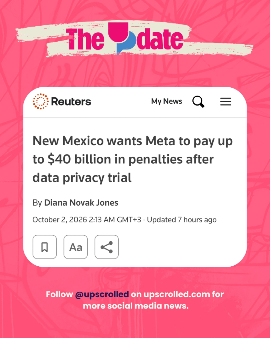 realUpScrolled's tweet photo. The UpDate: New Mexico wants Meta to pay up to $40 billion.

A jury found Meta misled users 43 million times about Facebook data privacy, tied to Cambridge Analytica. Meta wants the penalty capped at $3.45B.

#UpScrolled #TheUpDate https://t.co/F8GtVSugPm