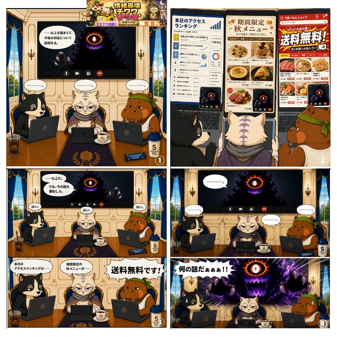 guuuden34's tweet photo. 情緒崩壊チワワ

  聞いているつもりでも、全然聞いてないことってありますよね。😂

 チワ太  4コマ

  エモクラ会議編⑪
      「閲覧」

情緒ぉぉぉ！！！

 #チワ太 #４コマ漫画
 #創作漫画 #オリジナルキャラクター https://t.co/HqylZ1Jsd1