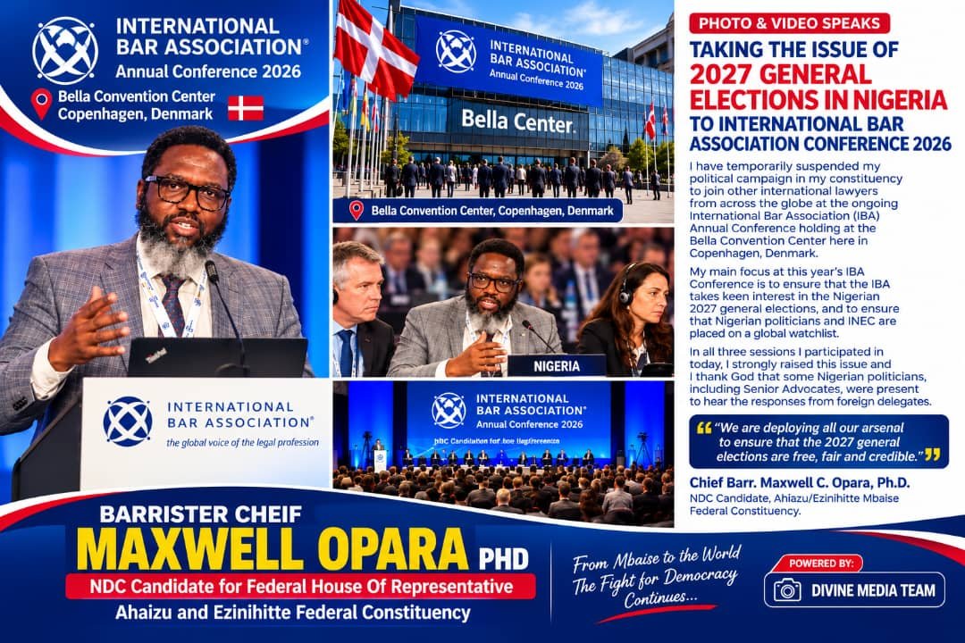 MaxwelOpara's tweet photo. Taking the issue of 2027 general election in Nigeria to International Bar  Association Conference 2026, Copenhagen, Denmark. The world will be watching, all we ask is free, fair and credible elections in Nigeria. https://t.co/XwBEU1vESR