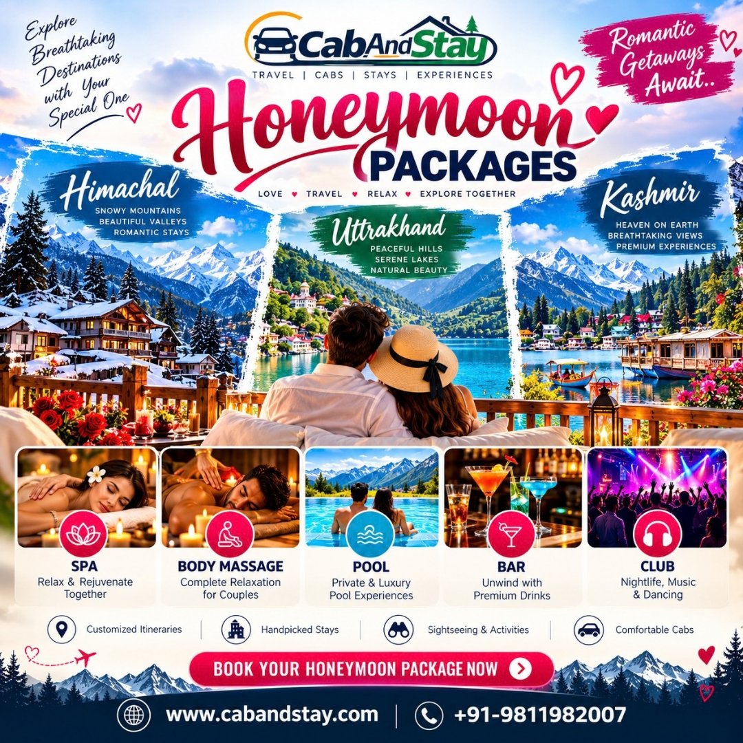 cabandstay's tweet photo. Your Dream Honeymoon Awaits!

Discover unforgettable romantic getaways in Himachal, Kashmir &amp; Uttarakhand with comfortable cabs, beautiful stays, sightseeing and customized honeymoon packages.
📞 +91-9811982007
🌐 https://t.co/mVUNkQ1wGX
#HoneymoonPackages #KashmirHoneymoon https://t.co/vp4isY0MIz