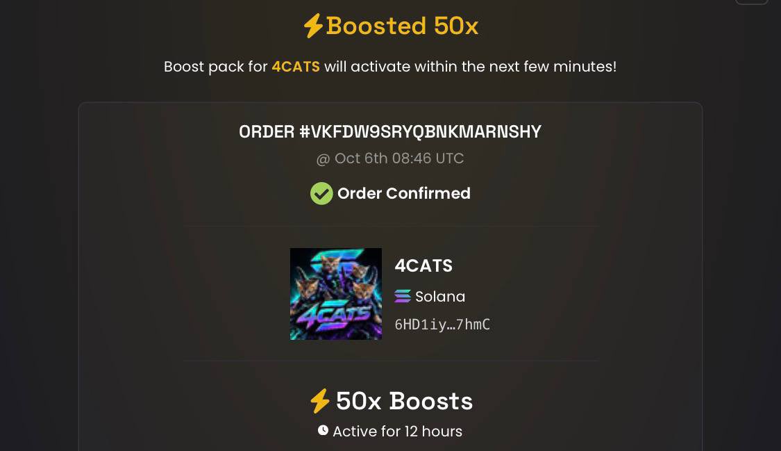 4_CATS_OnSOL's tweet photo. SECOND X50 BOOSTS PACK JUST LANDED FOR $4CATS 🚀

Momentum keeps building. The cats are not slowing down. 

Lock in. $4CATS season is heating up.

6HD1iyTY4ChvoFEKgQ2tV4rHavrpR1yJw9Kwyqtm7hmC https://t.co/VF1brvUz63
