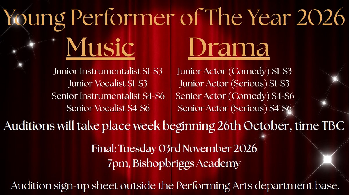 BishopbriggsAC's tweet photo. Calling all our talented musicians and actors! Sign-up is now OPEN! 🎶🎭⭐🎉 https://t.co/V8bqYY4VFR