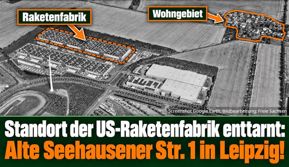 freiesachsen_'s tweet photo. Jetzt ist es raus: Wir haben den geheimen Standort der US-Raketenfabrik enttarnt! 🚨

Und es ist noch schlimmer, als befürchtet: Im Leipziger Norden, an der Alten Seehausener Straße 1, direkt neben dem BMW-Werk und nur wenige hundert Meter vom nächsten Wohngebiet entfernt. Hier will zukünftig eine US-Firma Raketen für die Front produzieren. Und macht Leipzig damit zur Top-Zielscheibe.

Es wird höchste Zeit, gegen diesen Irrsinn breiten Protest zu organisieren. Keine US-Raketenfabrik in Sachsen, Ami go home!

🕊 Frieden mit Russland statt US-Raketen für die Ukraine und Israel! Schon über 8500 Menschen haben die Friedenserklärung unterzeichnet: Stoppt die Kriegseskalation gegen Russland! Gerade jetzt umso wichtiger, wir stellen uns gegen die Kriegstreiberei der Regierung.  ✏️ Hier die Erklärung online unterschreiben: https://t.co/y4gonzU1Vl