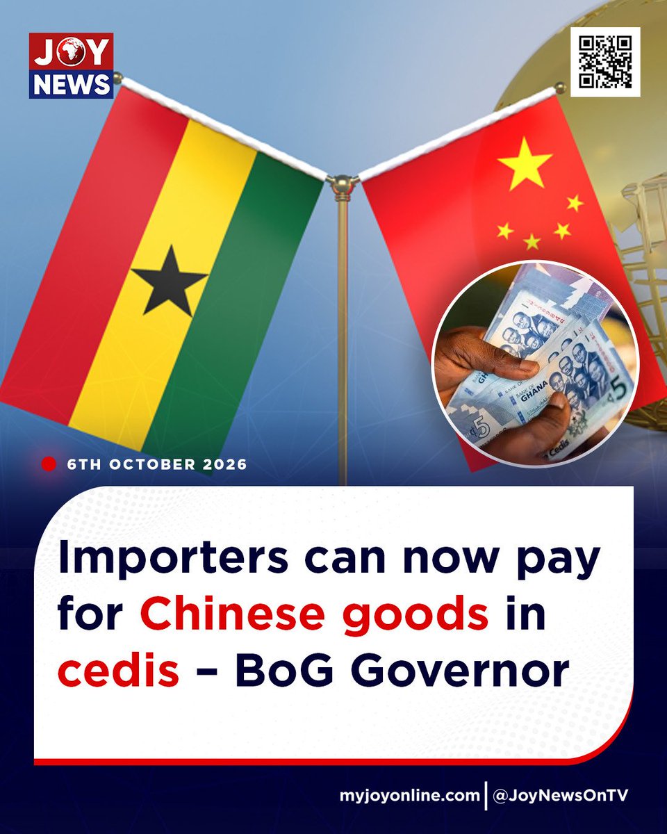 Joy997FM's tweet photo. Importers can now pay for Chinese goods in cedis – BoG Governor

Details here: https://t.co/jpfhW6TOPh

#JoyNews #JoyFM #GhanaNews #JoyPrime #MyJoyOnline https://t.co/fvJ6VLSAtb