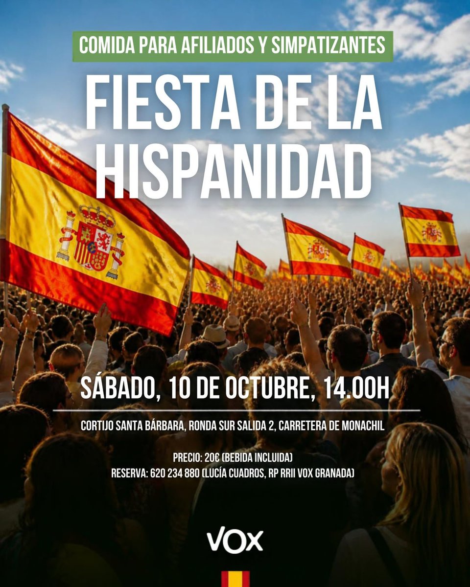 vox_granada's tweet photo. 🟢 Comida para afiliados y simpatizantes. 

🔥Últimas plazas, apúntate antes del jueves.

💪🇪🇸 ¡Ven a celebrar la Fiesta de la Hispanidad con VOX Granada! https://t.co/SGBulNPemV