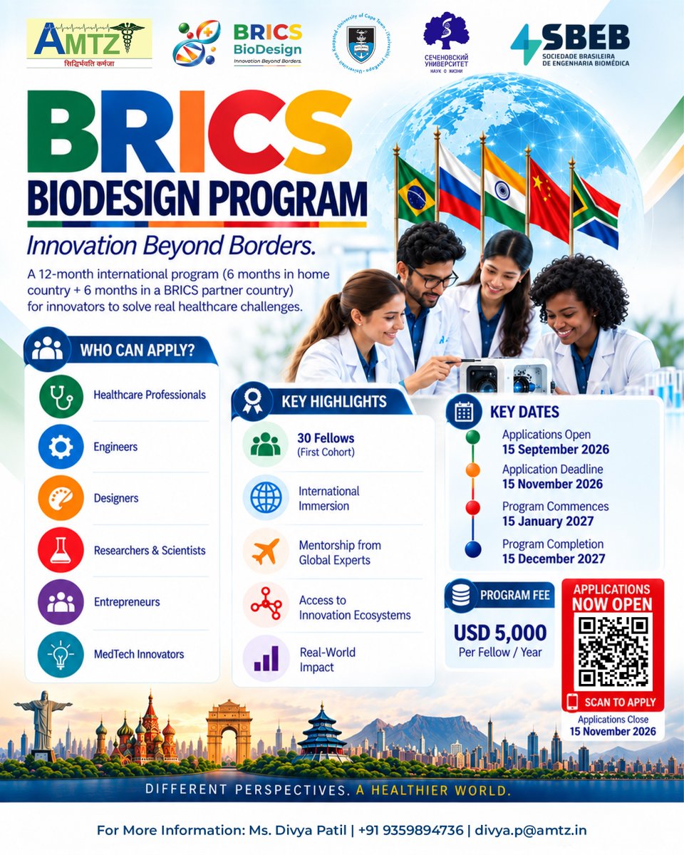 AP_MedTechZone's tweet photo. Join the BRICS BioDesign Program, a 12-month international program designed to help innovators solve real-world healthcare challenges. Gain international exposure, mentorship from global experts, and access to innovation ecosystems across BRICS countries.