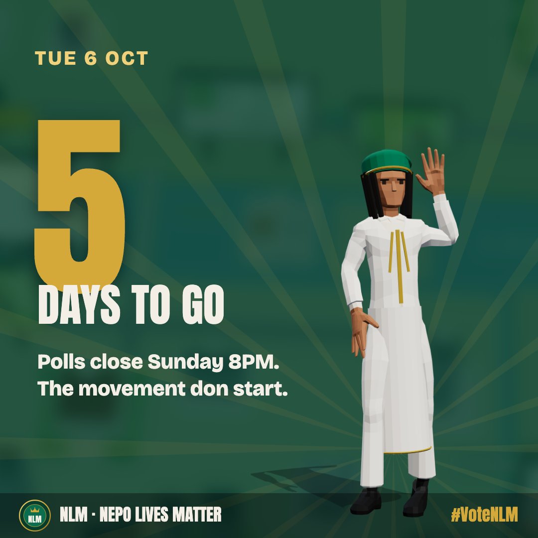 NEPOLIVESMATTER's tweet photo. 5 days to go. 🇳🇬 Nepo Lives Matter is officially on the ballot. Our candidate: @ynfrmabj for President in #LagosLife. The movement don start. 👑 #VoteNLM
https://t.co/VfnrHOKNmv https://t.co/x32PhA3kC5