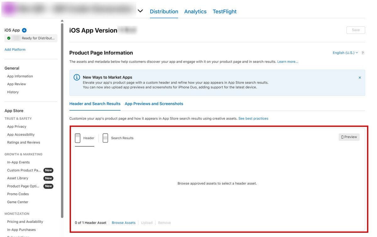 max_melnik22's tweet photo. 🚨 New App Store Connect assets are rolling out!

🆕 Headers for Product Pages &amp; Search Results
🎨 Headers for CPP and PPO
📱 Dedicated iPhone Duo screenshots &amp; previews
📚 Asset Library — upload assets in advance and reuse them

#ASO #Apple #AppStoreOptimization #App https://t.co/IkNaGY2l0n
