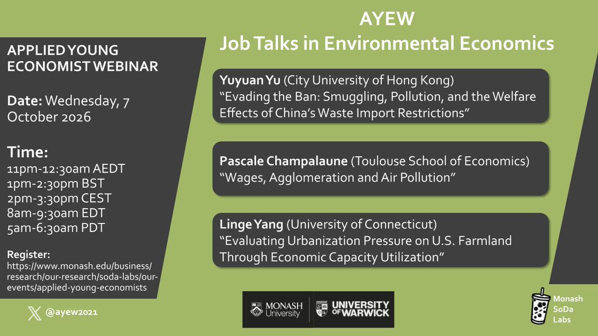ayew2021's tweet photo. #econtwitter The second session of 13th AYEW is HAPPENING TOMORROW (Oct 7)! 
Join us at 1 pm BST/11 PM AEDT for Job Talks in Environmental Economics with Yuyuan (@CityUHongKong), Pascale (TSE) and Linge (@UConn). 

Zoom link: https://t.co/vPegh9yZJF https://t.co/SUNVnhJyMa