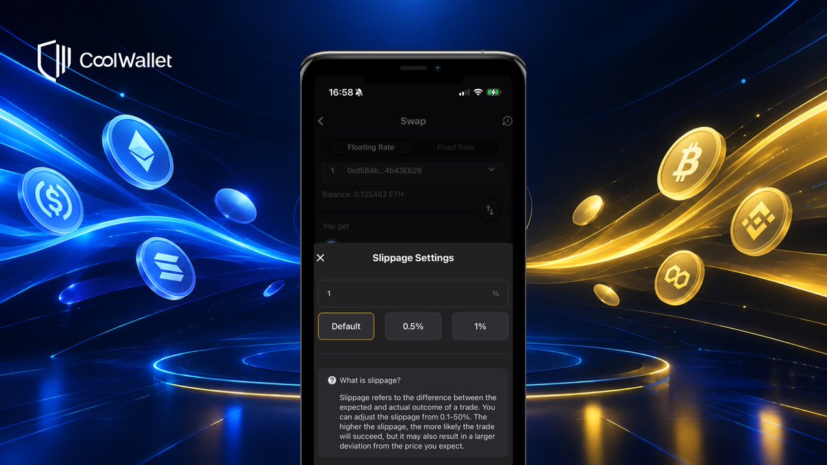 coolwallet's tweet photo. The price you see when swapping vs what you actually get, a little off? That gap is slippage 📊

Slippage is the difference between the price when you order and the price it fills at. The good news: in CoolWallet's Swap page, you can set your own slippage tolerance.

📊 The market keeps moving, so the price can shift between your tap and the fill
🎚️ Set your own slippage tolerance to cap the biggest gap you'll accept
💧 For thin coins or volatile markets, nudge it up so the swap goes through

Check your slippage setting before a swap, and the final price won't surprise you.

#CoolWallet #Crypto101 #Slippage #Swap #DeFi
