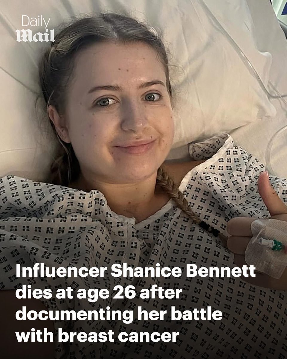DrMakisprotocol's tweet photo. Shanice Bennett. 26. City of London police officer.

Breast cancer at 23 used to be the case they put in a textbook. Rare. Shocking. A whole ward would talk about it.

Now it’s a series. A girl in a hospital gown, a cannula, a thumbs-up, and an algorithm. One after another. Documenting. Fundraising. Saying goodbye on camera.

Diagnosed at 23. Stage 3 invasive ductal breast cancer. Then stage 4. Bones. Liver. Lungs. Lymph nodes. She filmed it. 39,000 people on TikTok. More than two million likes. “Touch, look and check.”

They still call it rare. The feed says otherwise.
26.  A police officer. Three years from diagnosis to a family post 
that says they had to say goodbye.

https://t.co/o28drllKwB…