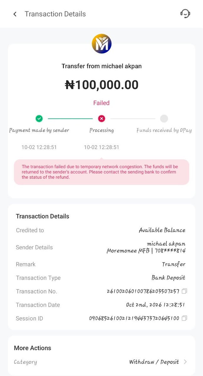 MiKha_El_'s tweet photo. On Oct 2nd, 2026, I made two transactions using @MoremoneeBank to two separate @OPay_NG accounts—mine and a friend's. Although the transactions were successful, neither the recipient nor I have received the funds in our wallets. Proofs: https://t.co/pgcy4gNt3Z